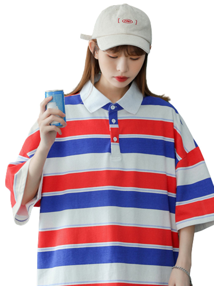 ♡[당일배송]Stripe PK Oversize Short Sleeves T